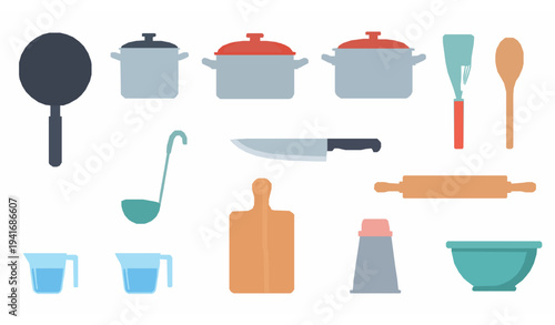 Colorful kitchen utensils and cooking equipment flat vector collection isolated on white background