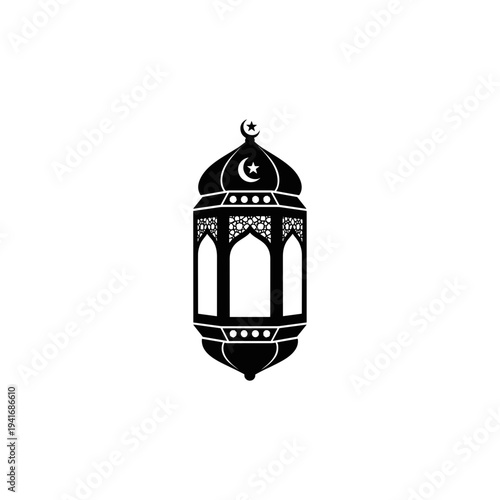 Islamic Lantern Illustration with Crescent Moon.