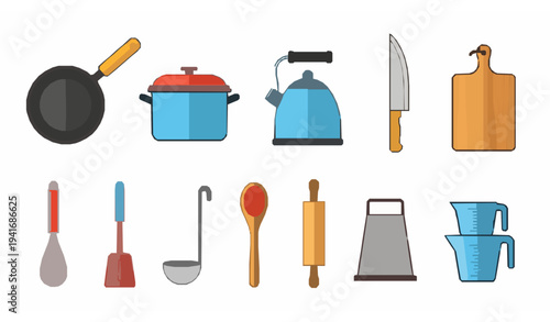 Bright flat kitchen cooking utensils and cookware vector set isolated on white
