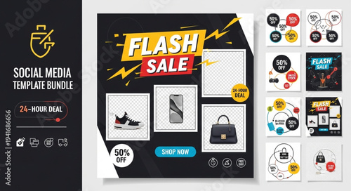 Social Media Template Bundle for Flash Sale with Fashion Items.
