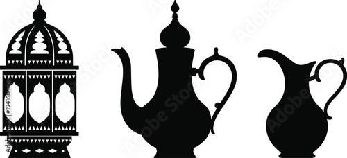 Arabic Lantern and Traditional Coffee Pot Dallah Silhouette Set Islamic Ramadan Decorative Objects Isolated Black Vector Illustration