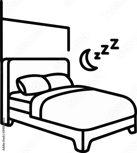 Minimalist line art of a made bed with pillows, sheets, and a crescent moon with zzzs