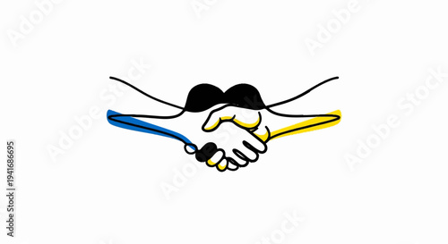 Minimalist line art of hands shaking, with blue and yellow accent