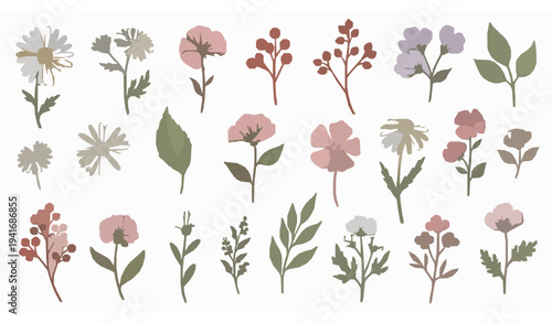 Hand drawn floral botanical elements with leaves red berries and blooming flowers vector set