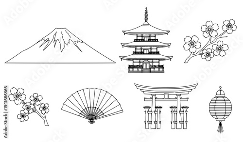 Japanese cultural symbols line art set with Mount Fuji pagoda and cherry blossoms vector illustration