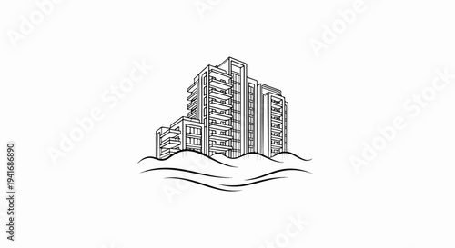 Modern apartment buildings with balconies, on a wavy ground