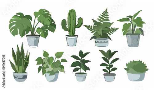 Collection of seven potted house plants with green leaves flat vector illustration