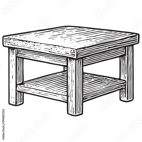 Wooden Butcher Work Table Illustration – Traditional Meat Cutting Bench Engraved Style