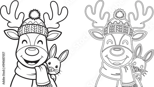 Reindeer and bunny friends in winter hats coloring page