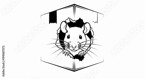 Mouse peeking out of a torn cardboard box, black and white illustration
