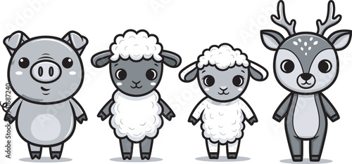 A group of cute cartoon farm animals and a deer standing together