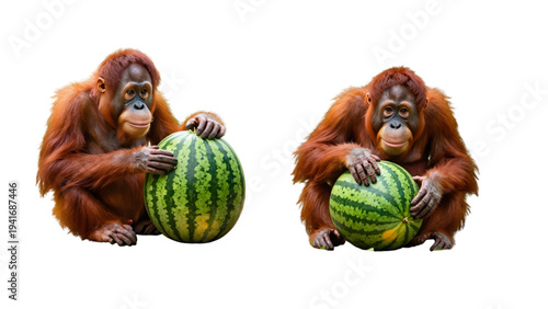 set of orangutans sitting next to a large fresh watermelon