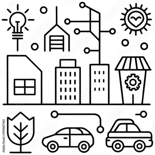 An illustrated cityscape with tech-integrated elements, illustrating the smart city, innovation, and sustainability. 