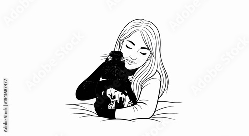 Gentle embrace of a young person and a dark feline creature