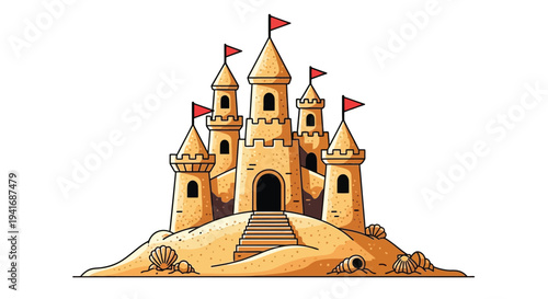 A detailed illustration of a sandcastle with multiple towers and flags
