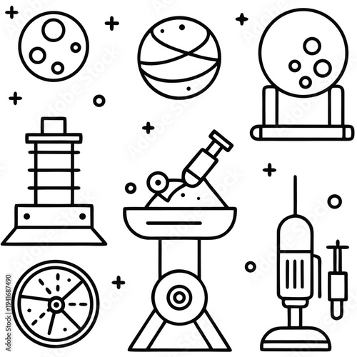 Scientific instruments, tools, and celestial bodies are depicted in this illustration, providing insight to the realm of discovery and experimentation.