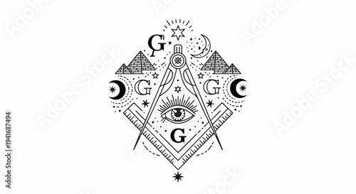 Geometric emblem with eye, compass, pyramids, moons, stars and the letter G