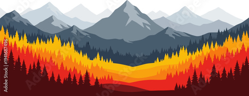 Majestic mountain range overlooking a vibrant valley of autumn pine trees