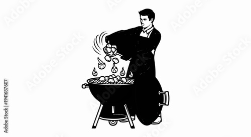 Person adding coals to a barbecue with flames