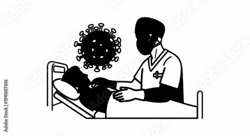 Healthcare worker attends to patient in bed with virus icon above
