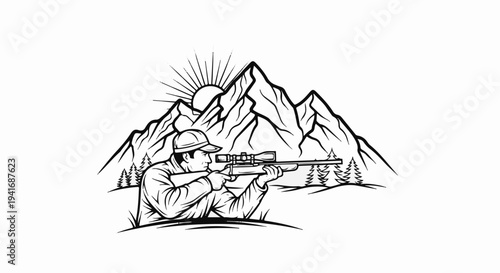 Hunter aiming rifle at mountains with sunbeams behind