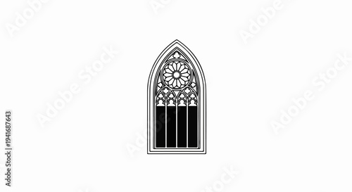 Gothic arched window with rose window and tracery detail