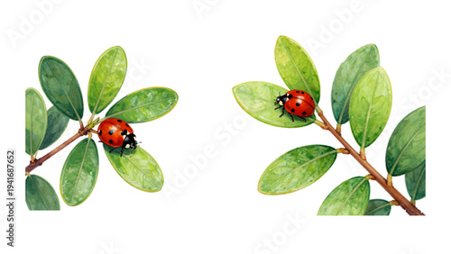 Close-up image of a bush branch with green leaves, and a beetle perched on it