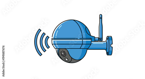 Illustration of a blue security camera with motion detection waves