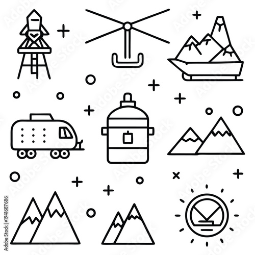 Set of illustrated icons: mountain, rocket, snow, snow mobile, sunny, camping