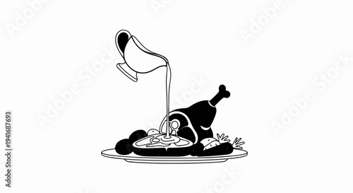 Gravy is poured onto a plate with meat and vegetables