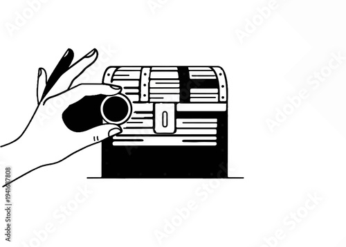 Hand holding a coin over an open treasure chest
