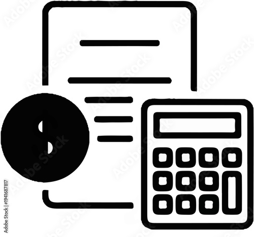 Icon showing a document, calculator, and a circular symbol with a vertical line