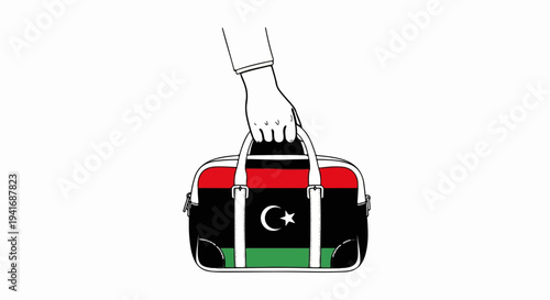 Hand holding a duffel bag adorned with the Libyan flag