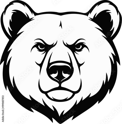 Fierce black and white depiction of a grizzly bear's face