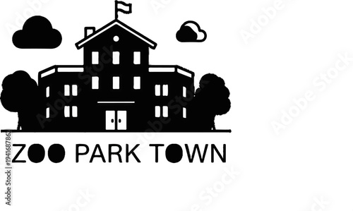 Iconic building with trees, clouds, and text