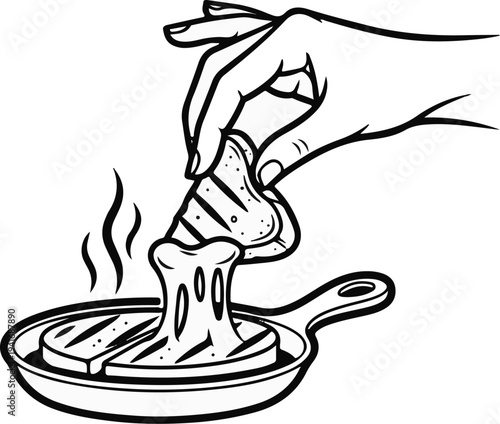 Hand holding grilled cheese slice dipping into hot melted cheese in pan