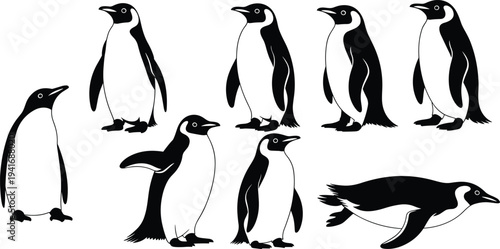 Penguin Silhouette Set with Standing and Swimming Antarctic Birds Collection Isolated Black Vector Illustration for Wildlife Nature and Polar Animal Design