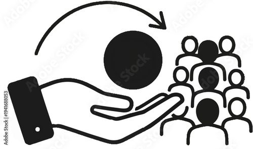 Hand offers a circle to a group of people, symbol of giving