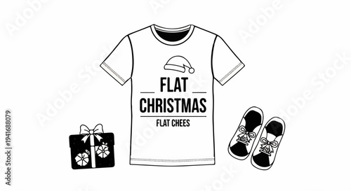 Festive outfit t-shirt with holiday theme, present, and sneakers