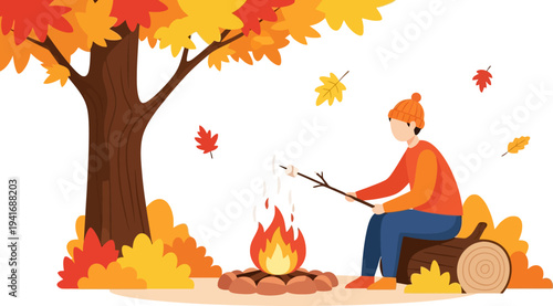 Man sitting on a log roasting marshmallows by a fire under a maple tree