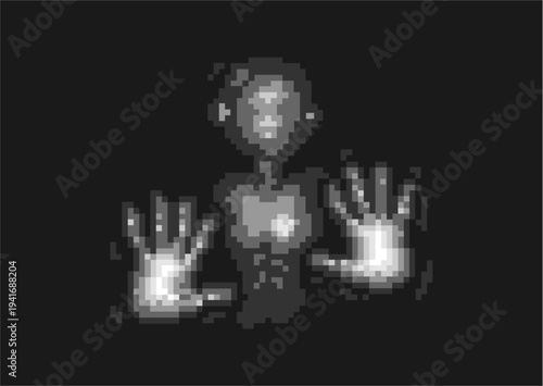 This pixel art image shows a stylized, grayscale human figure with glowing highlights on the hands and chest, resembling a black-and-white infrared or thermal sensor scan against a dark background.