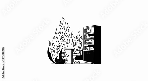 Office desk engulfed in flames next to a bookshelf