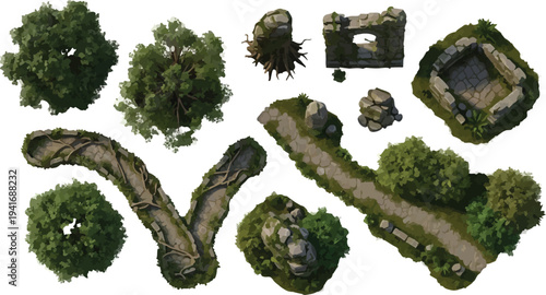 Top-down fantasy game environment assets vector isolated PNG with Transparent Background