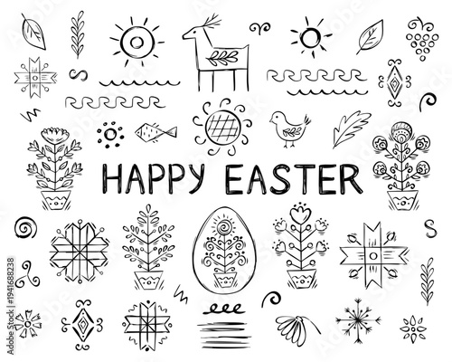 Hand drawn Happy Easter doodle set with folk ornaments, egg, flowers, and animals. Minimalist black and white line art collection for festive greetings and traditional Slavic decorations