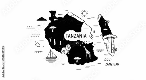 Illustrated map of Tanzania and Zanzibar with wildlife, landmarks, and boat
