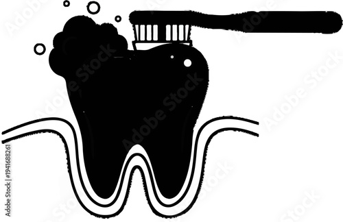 Illustration of a black toothbrush cleaning a black tooth with bubbles
