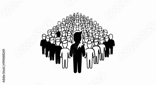 One individual in black stands out from a crowd of white figures