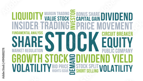 Stock Word Cloud Design for Poster, Wall Art, Investor Education Banner, Classroom Decor. Stock modern finance typography