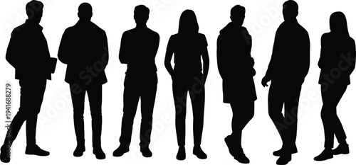 Black silhouette vector illustration of a diverse group of people celebrating with arms raised and standing together isolated on white background for success design