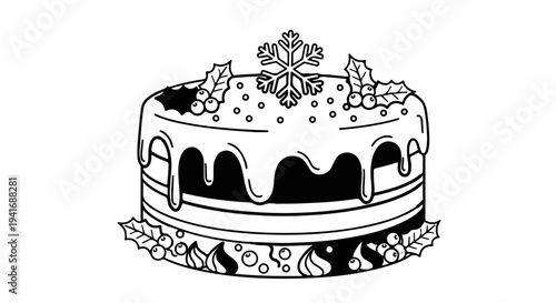 Festive cake decorated with icing, holly, berries, and a snowflake